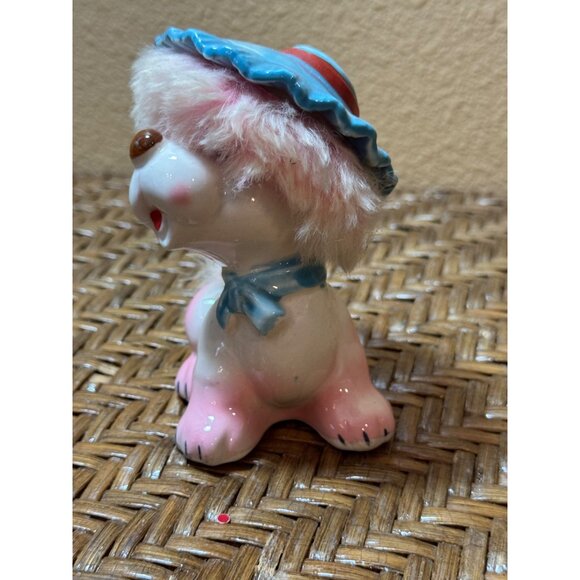 Vintage WALES Ceramic Poodle Figurine With Faux Fur & Blue Hat Made In Japan - Picture 3 of 7